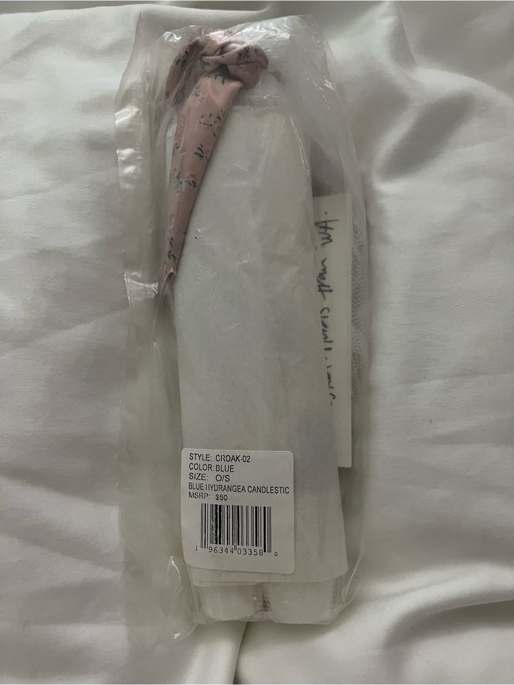 LoveShackFancy Blue Hydrangea Candlestick with Pink Ribbon Accent - Picture 4 of 7